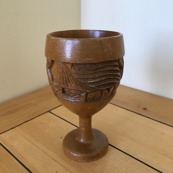 Hand Carved Wooden Cup Stem Base Tiki Palm Tree Village 6" Tall - Picture 3 of 5